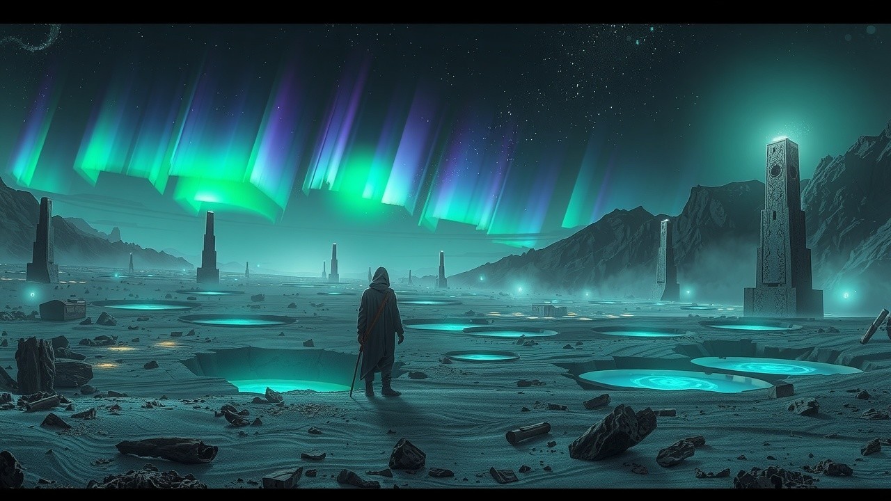 Otherworldly Landscape with Monoliths and Auroras