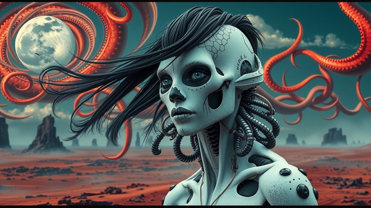 Futuristic Humanoid Robot in Surreal Landscape