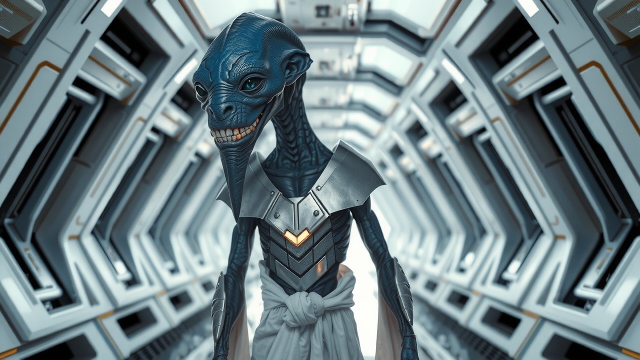 Futuristic alien figure in high-tech corridor setting