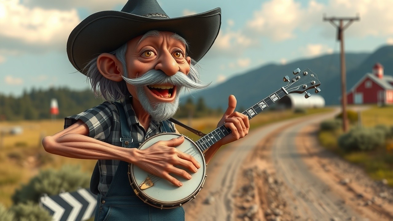 Elderly Man Playing Banjo in Rural Landscape