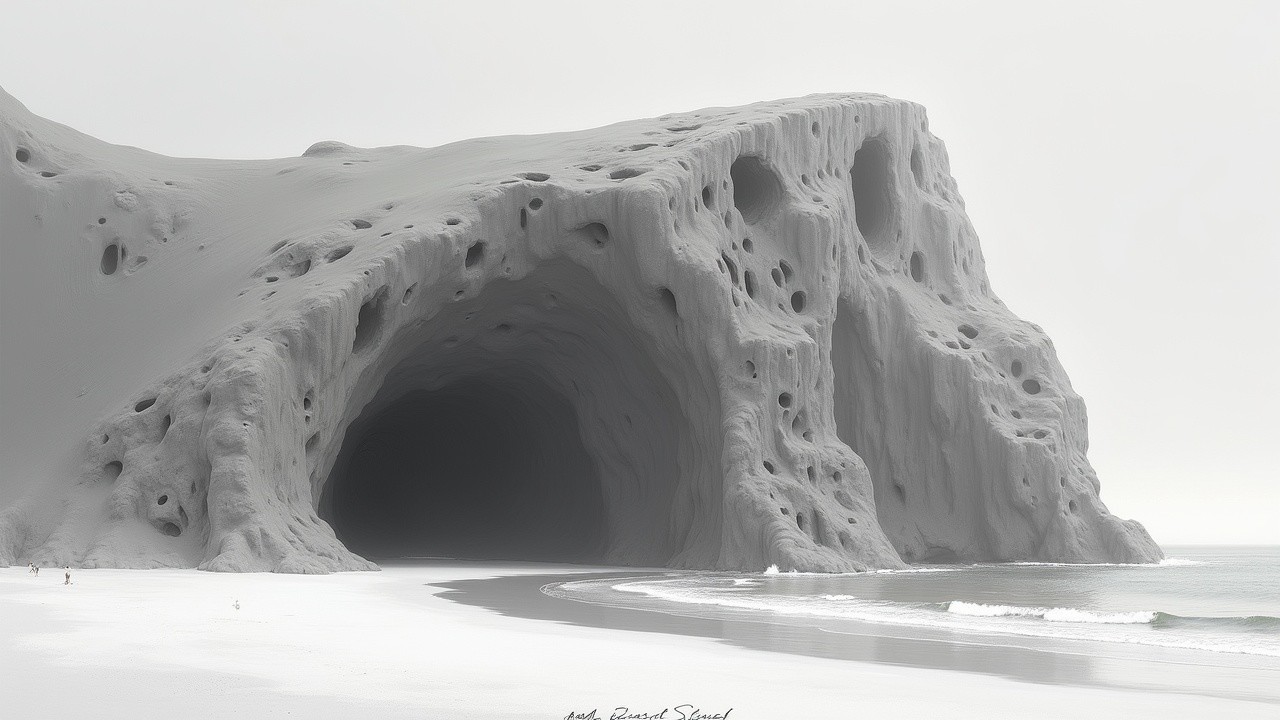 Dramatic Coastal Cave on Towering Cliff with Overcast Sky