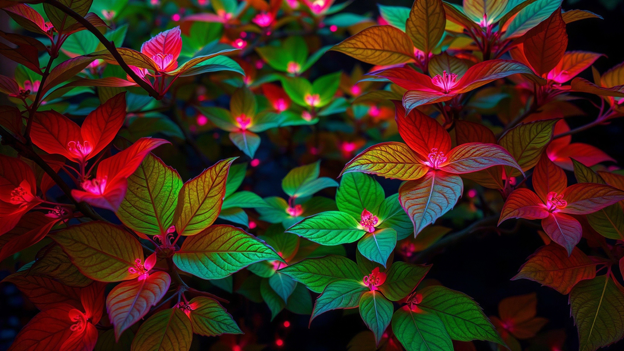 Vibrant Close-Up of Colorful Leaves Under Neon Lighting