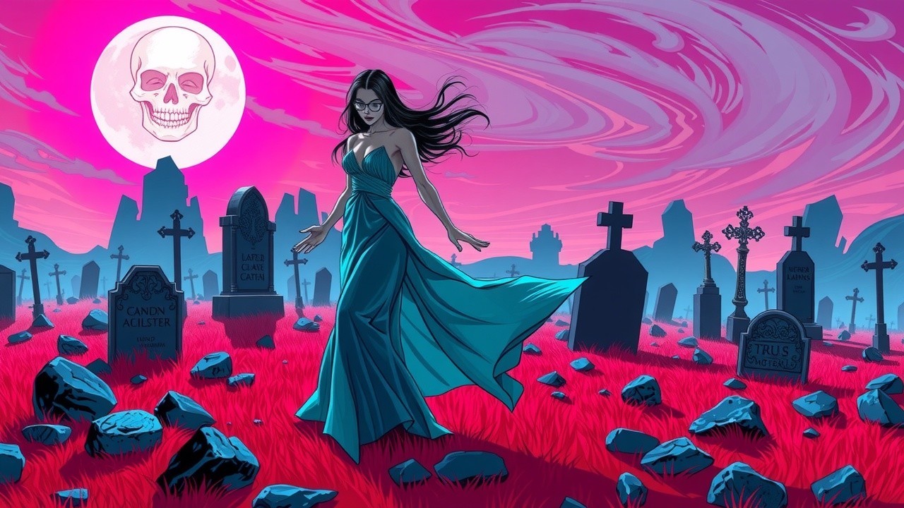Elegant Woman in Turquoise Gown in Graveyard Scene
