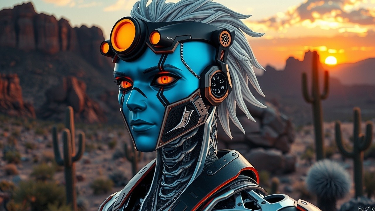 Futuristic Robot in Desert Landscape at Sunset