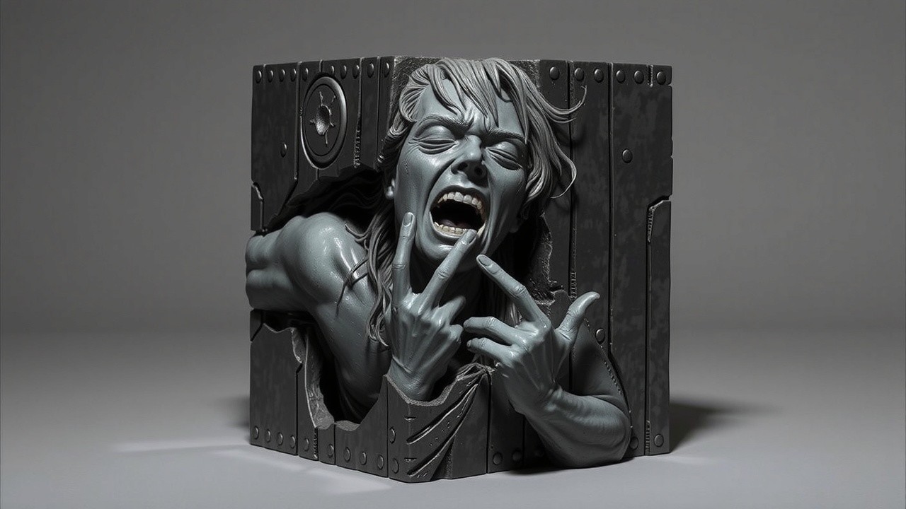 Dramatic Sculpture of Figure Emerging from Cube Structure