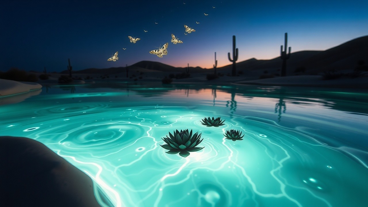 Twilight Desert Landscape with Reflective Pool and Lilies