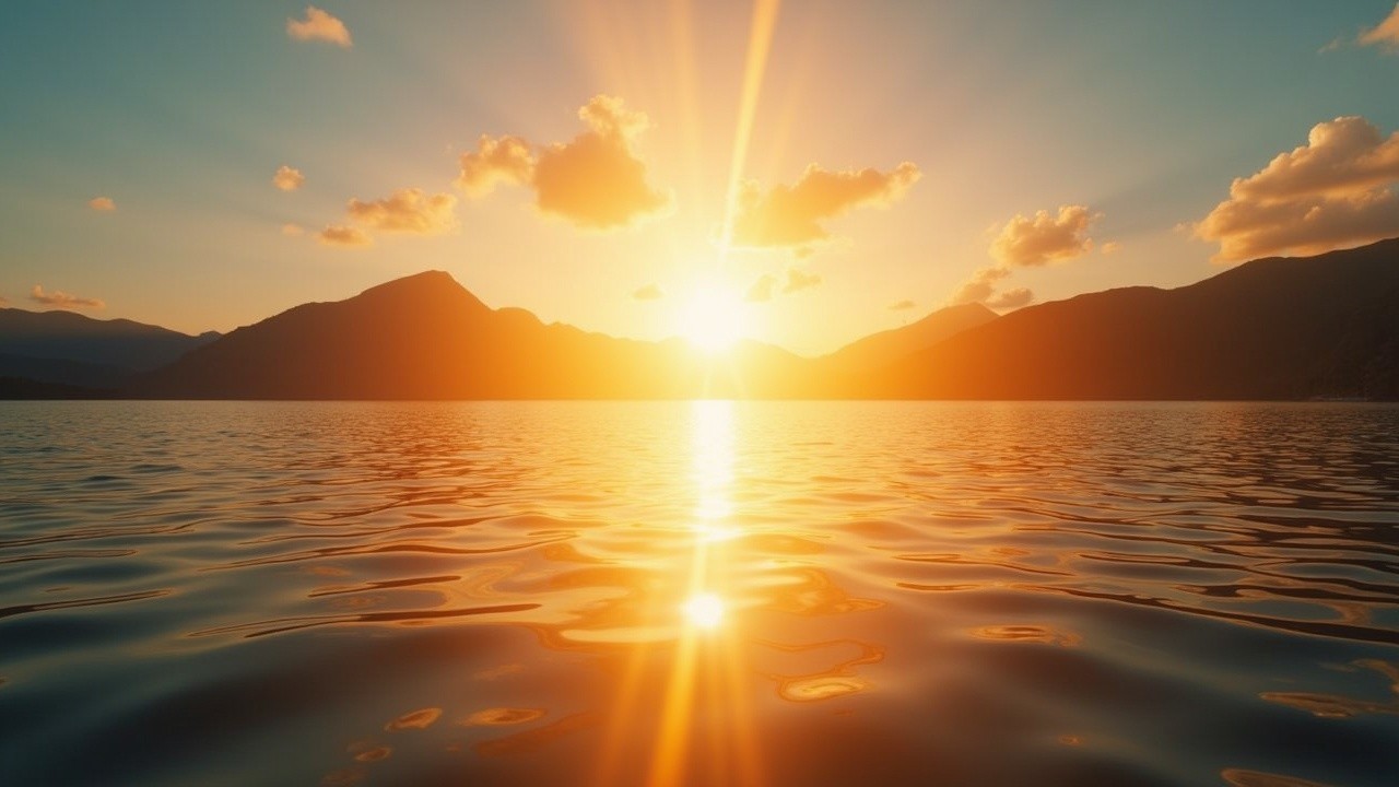 Serene Sunset Over a Tranquil Lake with Mountains