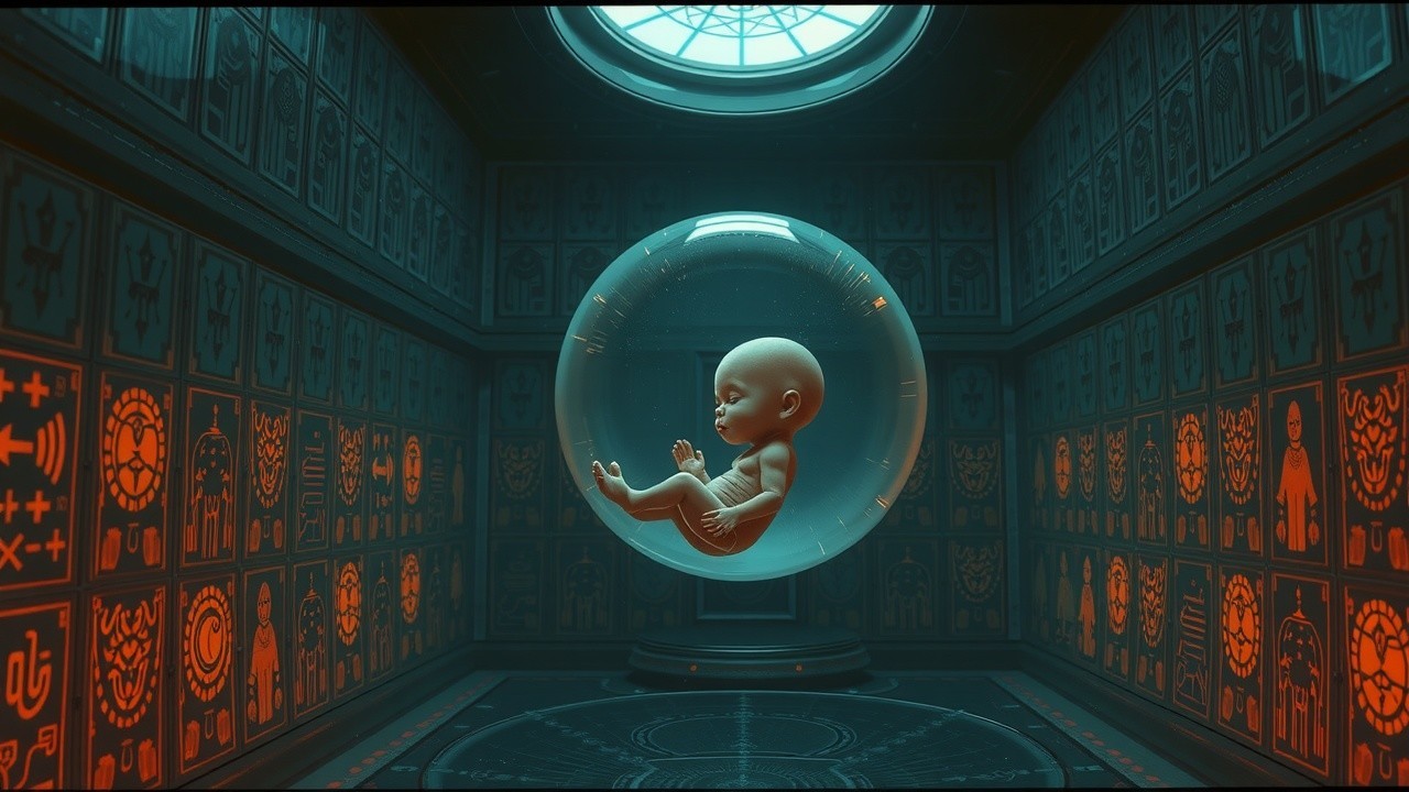Futuristic chamber with a glowing translucent sphere