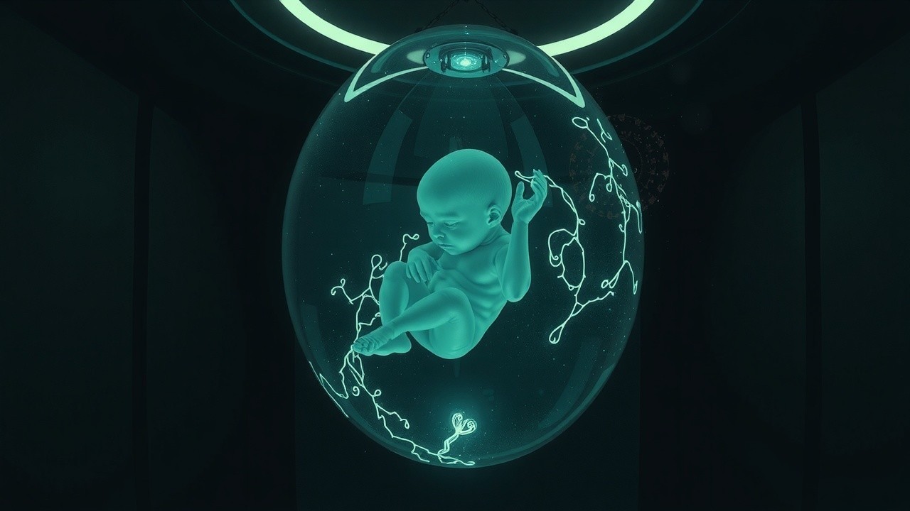 Translucent Orb with Fetal Figure and Energy Lines