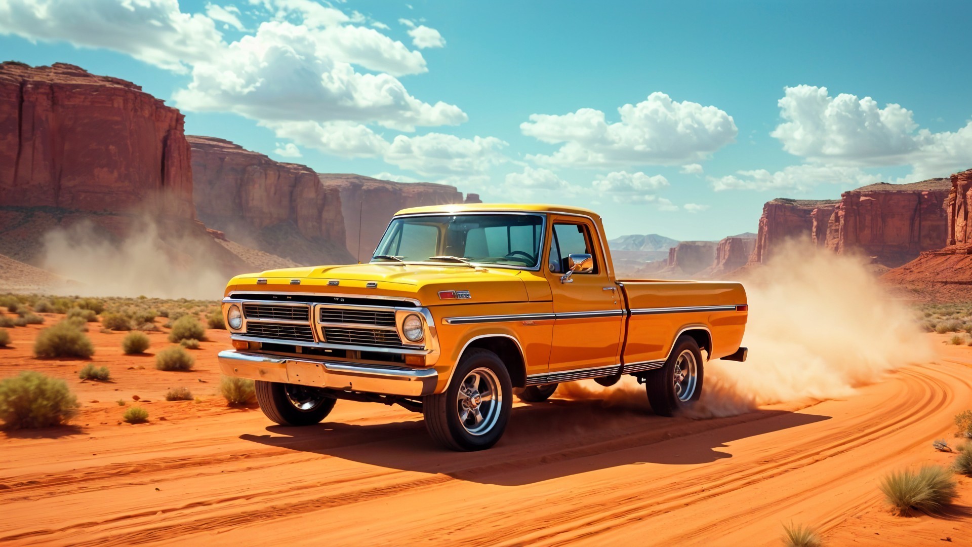 Yellow Pickup Truck in Desert Landscape with Red Rocks