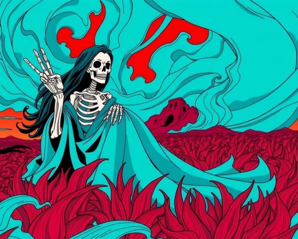 Surreal Scene with Skeleton in Colorful Clouds
