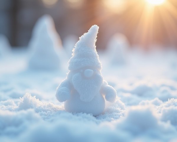 Whimsical Snow Gnome in Serene Winter Landscape