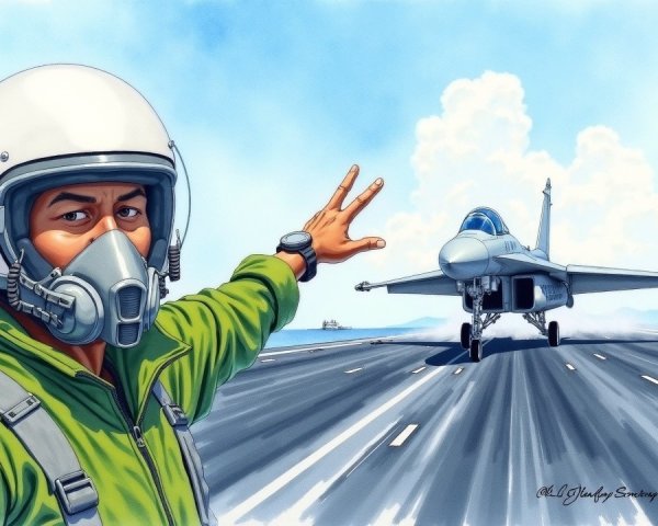 Confident Fighter Pilot Waves at Jet in Blue Sky