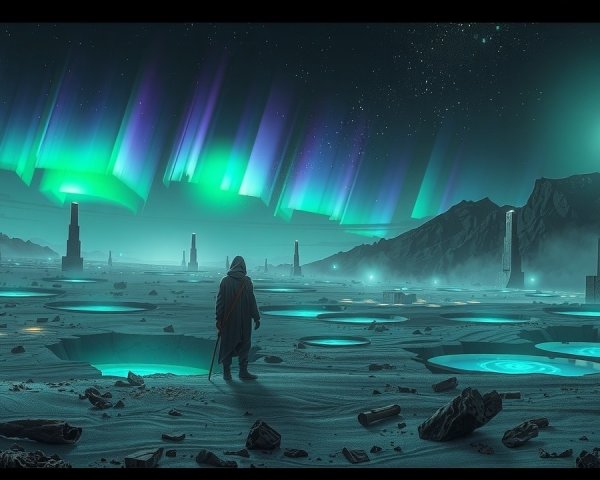 Otherworldly Landscape with Monoliths and Auroras