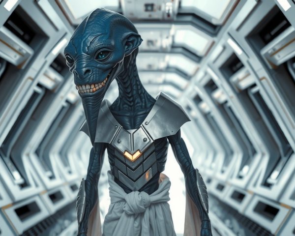 Futuristic alien figure in high-tech corridor setting