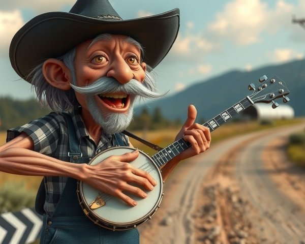 Elderly Man Playing Banjo in Rural Landscape