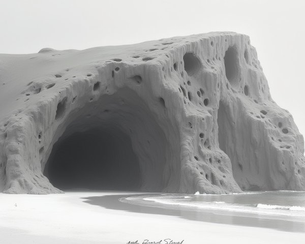 Dramatic Coastal Cave on Towering Cliff with Overcast Sky