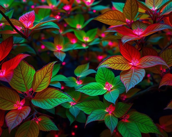 Vibrant Close-Up of Colorful Leaves Under Neon Lighting