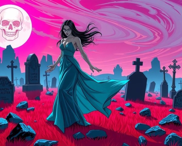 Elegant Woman in Turquoise Gown in Graveyard Scene