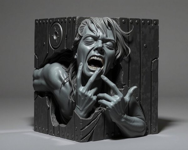 Dramatic Sculpture of Figure Emerging from Cube Structure