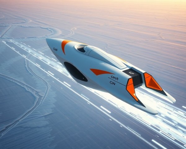 Futuristic white speeder hovering over icy plain