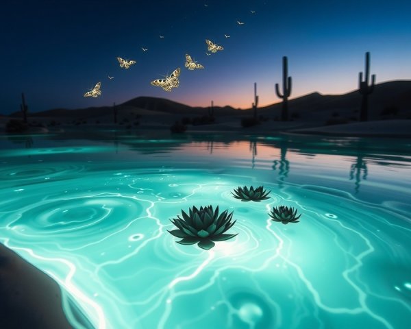 Twilight Desert Landscape with Reflective Pool and Lilies