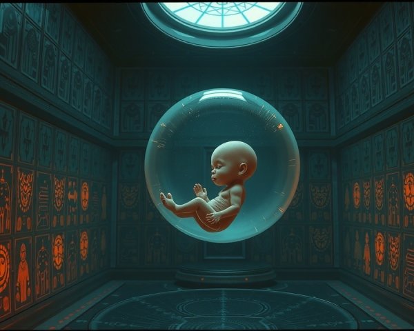 Futuristic chamber with a glowing translucent sphere
