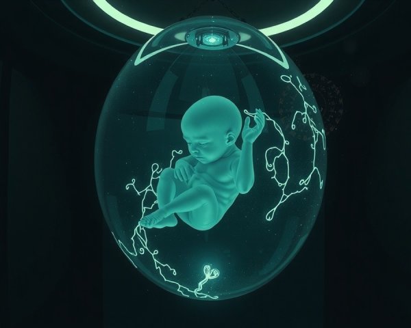 Translucent Orb with Fetal Figure and Energy Lines