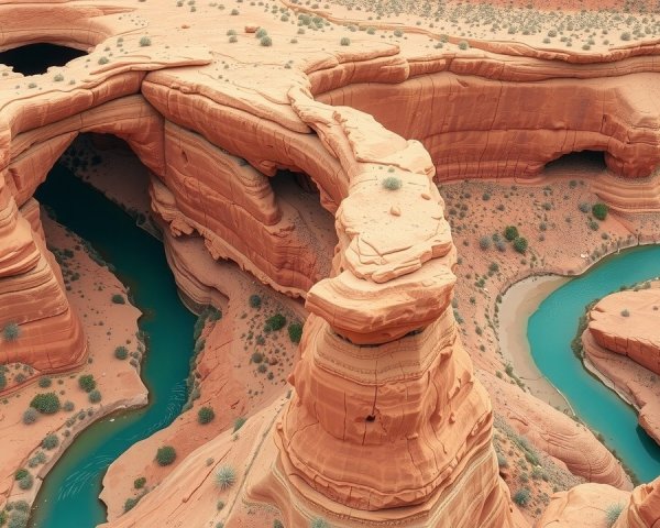 Aerial View of Arid Canyon with Natural Bridge Formation