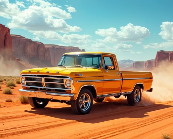 Yellow Pickup Truck in Desert Landscape with Red Rocks
