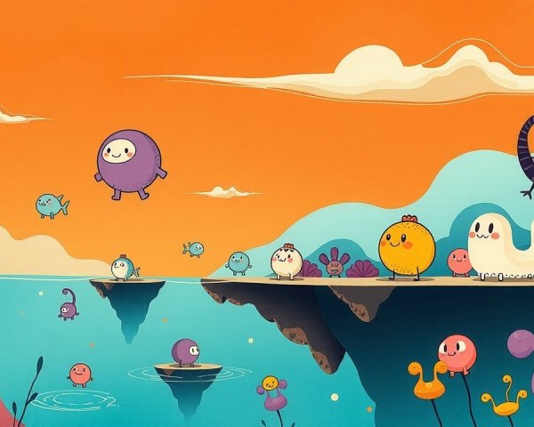 Whimsical Landscape with Colorful Cartoon Creatures