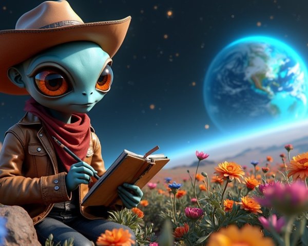 Alien Character in Cowboy Hat Writing in Flower Field