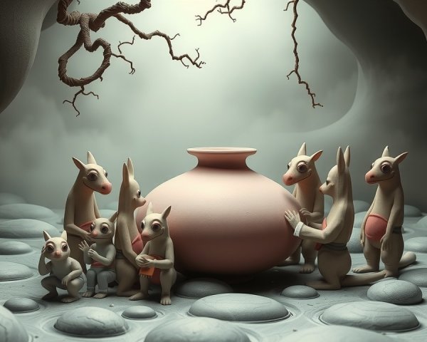 Whimsical Creatures in a Dimly Lit Cave Gathering