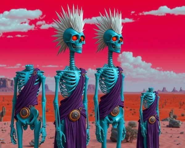 Skeletal Figures in Vibrant Desert Landscape