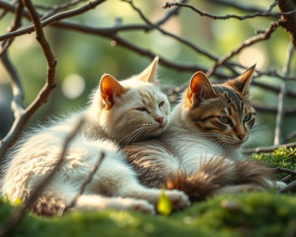 Two Cats Resting in Grass with Blurred Background