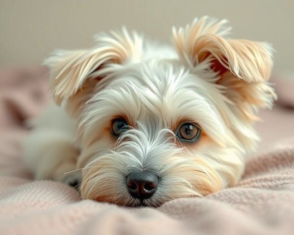 Fluffy White and Tan Dog on Pink Blanket