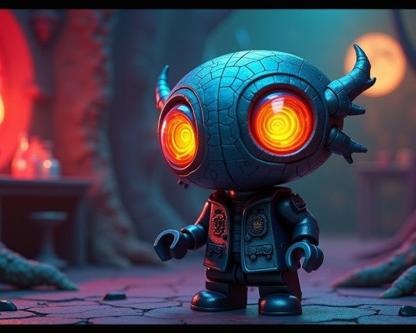 Stylized character in eerie, dimly lit forest setting