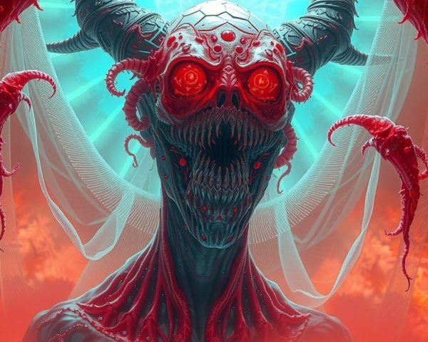 Sinister Otherworldly Creature with Horns and Red Eyes