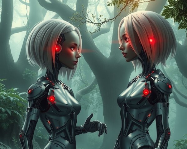 Futuristic Robots in a Mystical Forest Setting