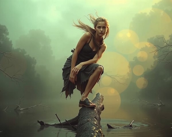 Young woman on log in misty woodland setting