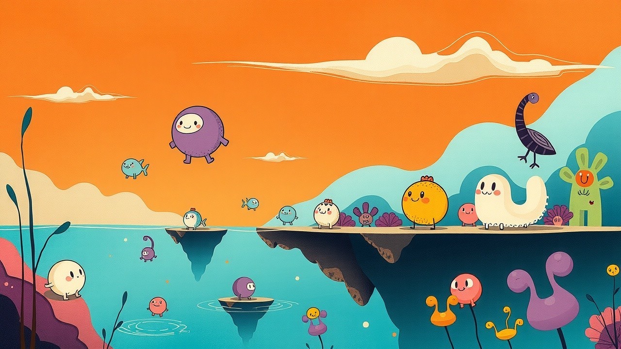 Whimsical Landscape with Colorful Cartoon Creatures