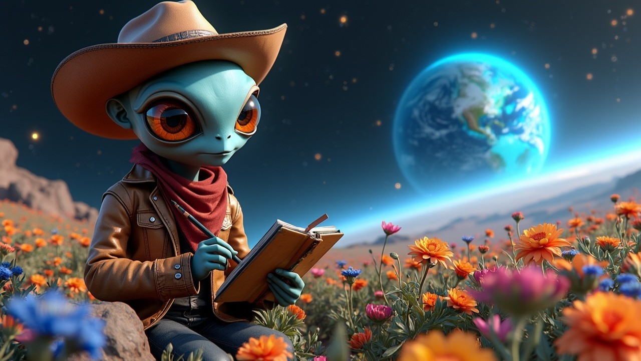 Alien Character in Cowboy Hat Writing in Flower Field