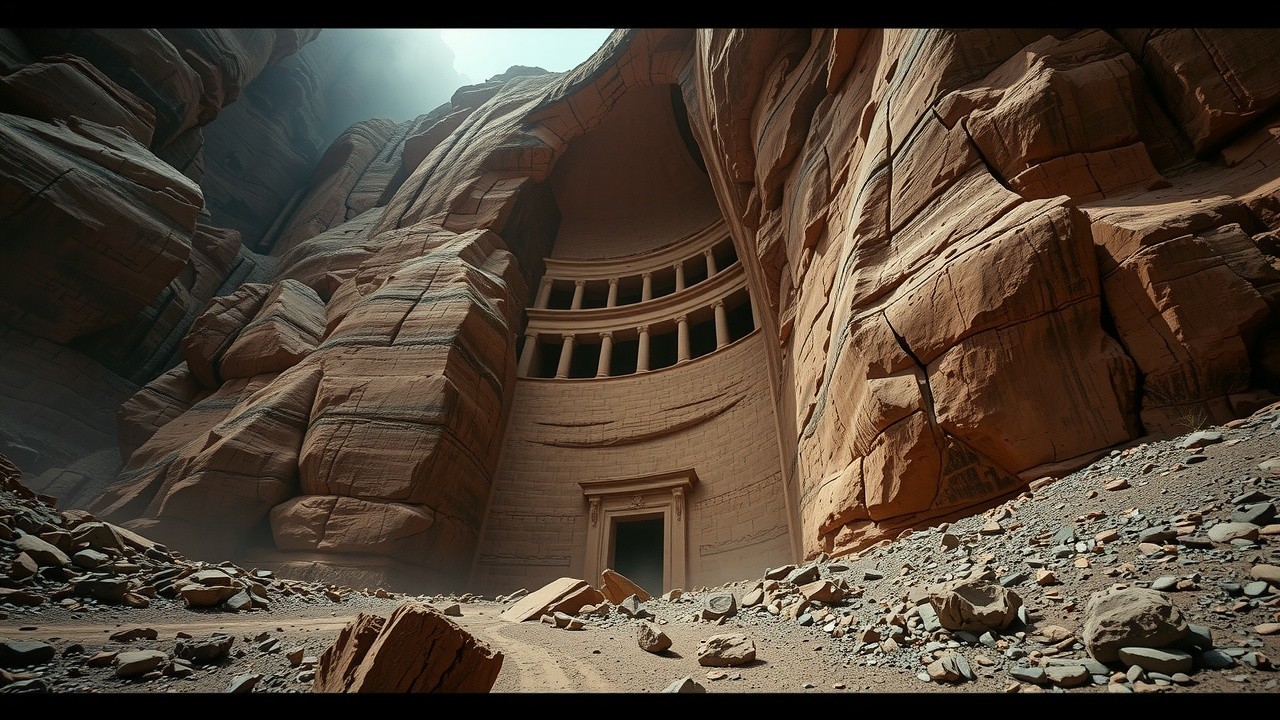 Ancient Monument in a Rugged Canyon Landscape