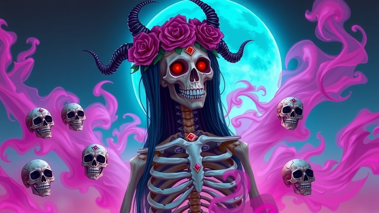 Skeletal Figure with Roses and Glowing Red Eyes