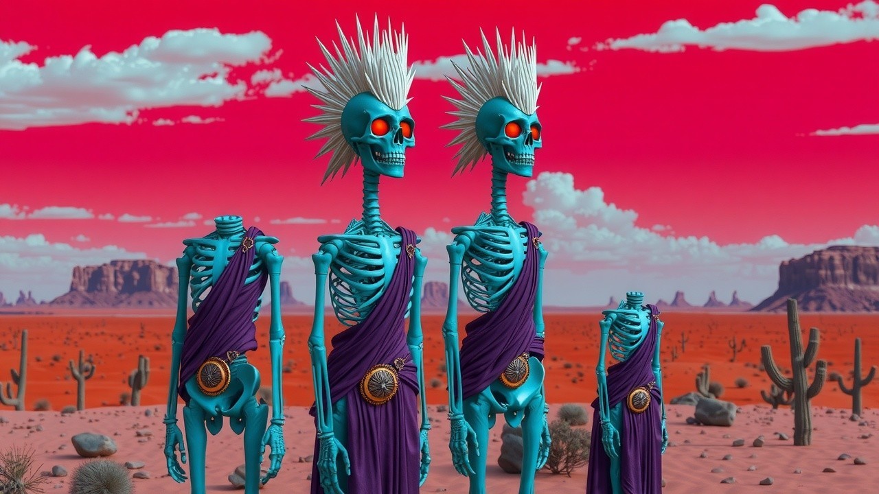 Skeletal Figures in Vibrant Desert Landscape