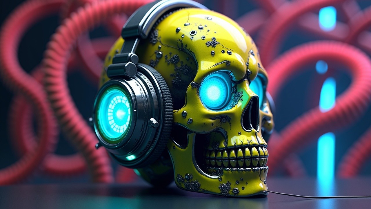 Vibrant Yellow Skull with Futuristic Headphones and Cables