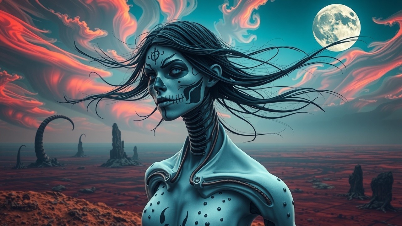 Futuristic humanoid figure in surreal alien landscape