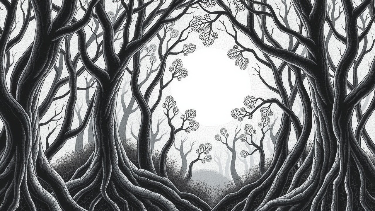 Monochromatic Forest Scene with Twisted Trees and Mist
