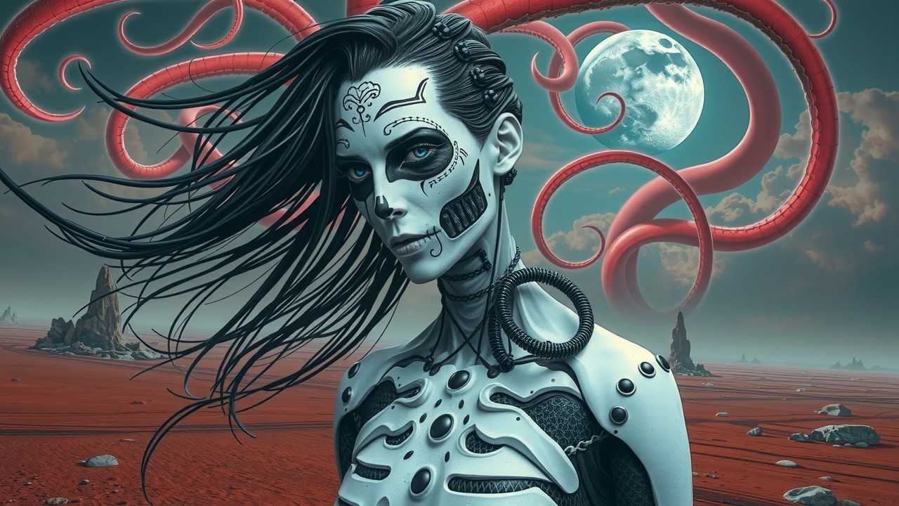Futuristic Biomechanical Figure in Surreal Landscape