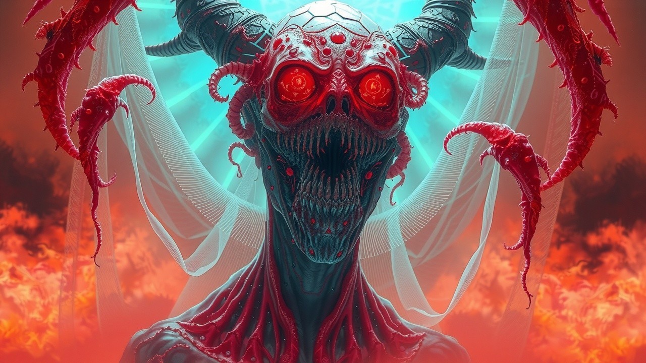 Sinister Otherworldly Creature with Horns and Red Eyes